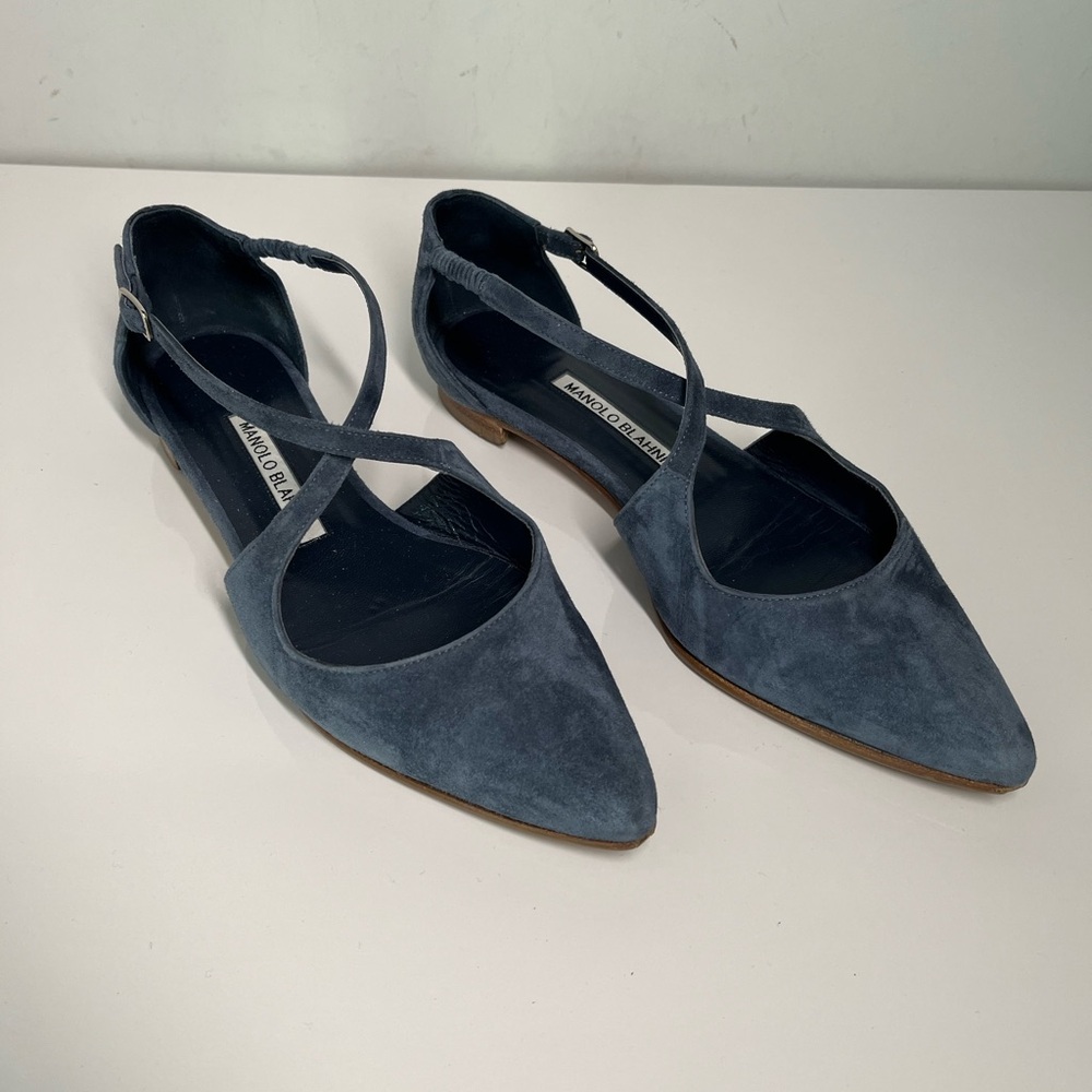 Manolo Blahnik Blue Suede Strappy Ballerina Flats